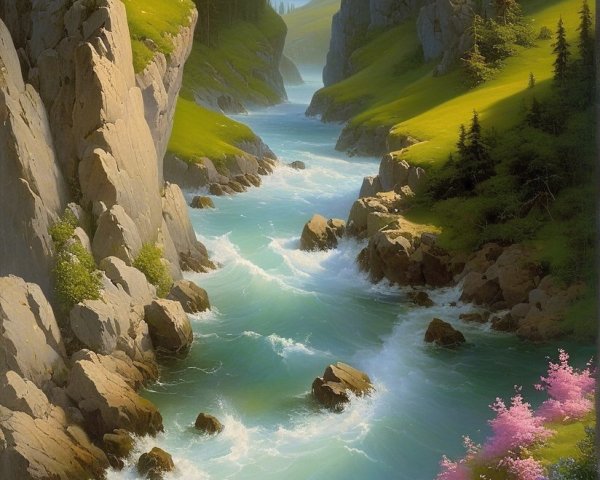 Serene Landscape with River, Hills, and Flowers