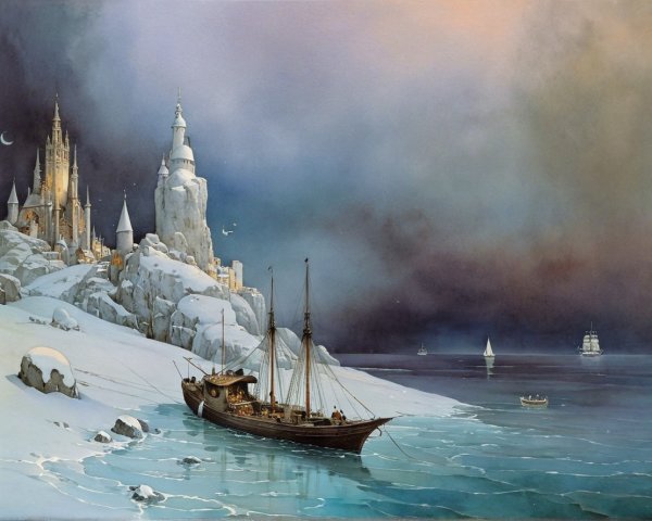 Majestic castle in serene winter twilight scene