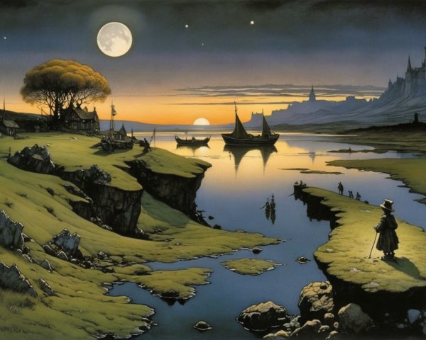 Twilight Landscape with River, Moon, and Castle Silhouettes