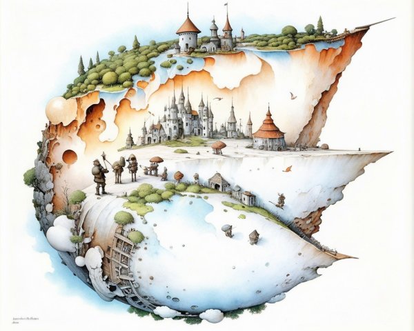 Whimsical Surreal Landscape with Floating Castles and Villages