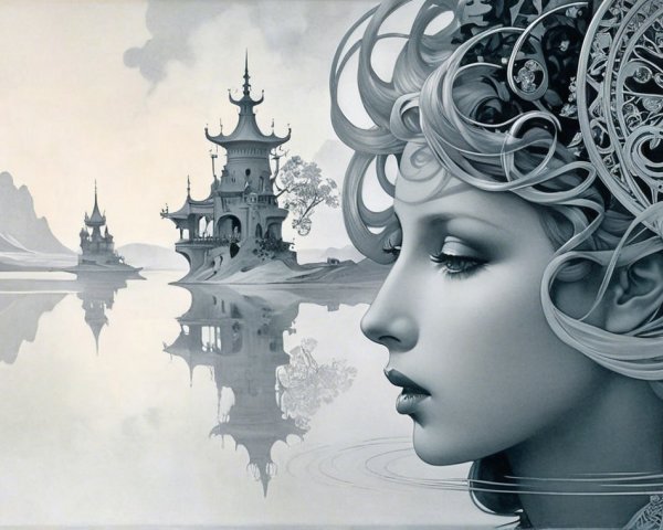 Monochromatic Portrait with Whimsical Patterns and Architecture