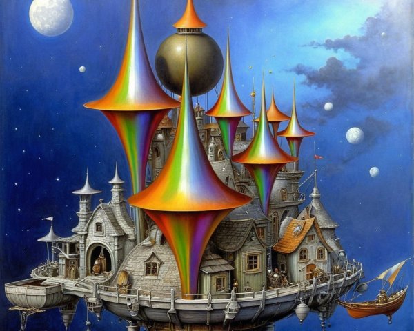 Whimsical Floating City with Colorful Spires and Moons