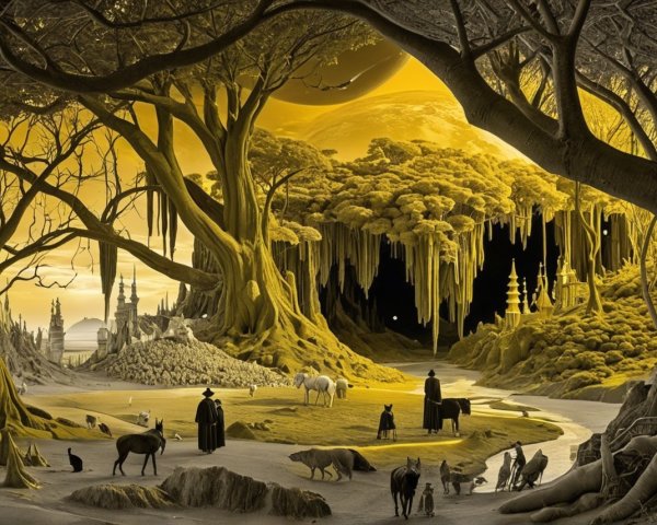 Surreal Landscape with Golden Hues and Mystical Elements