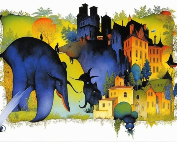 Whimsical Illustration of Bears and Colorful Houses