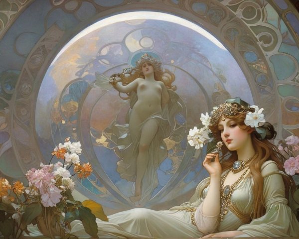 Serene Scene of Women in Flowing Garments and Flowers