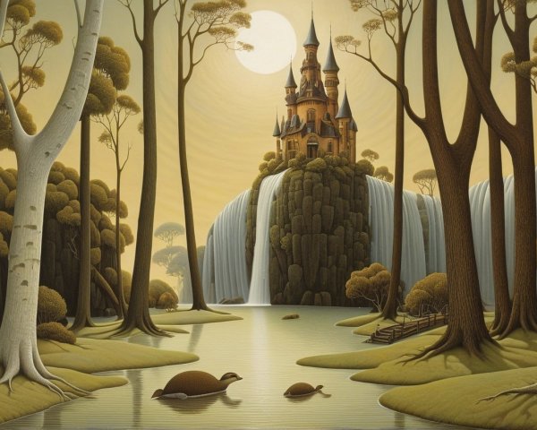 Whimsical Landscape with Castle and Waterfalls