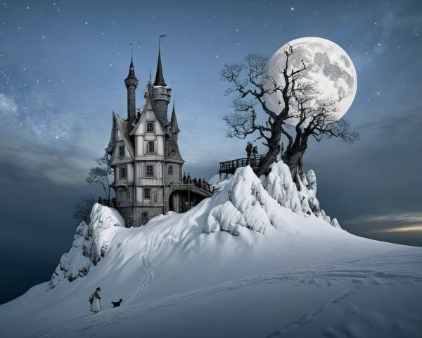 Whimsical Castle on a Snowy Hill in Winter Landscape