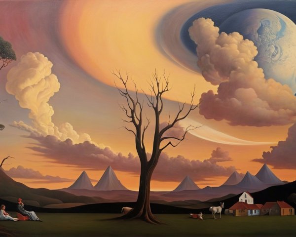 Surreal Landscape with Dramatic Sky and Figures