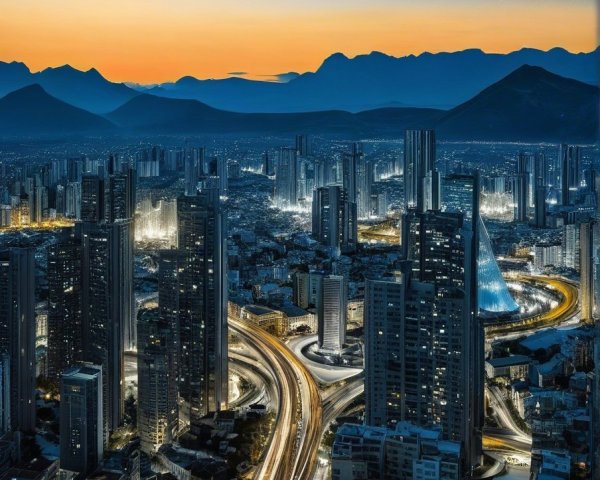 Panoramic Twilight Cityscape with Mountains and Stars