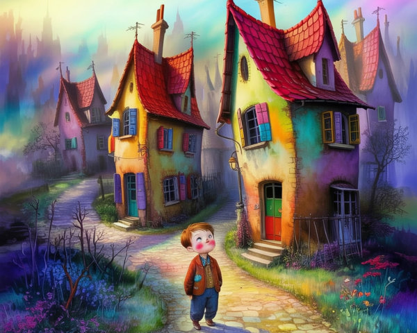 Cheerful Boy Walking on Cobblestone Path in Enchanted Village