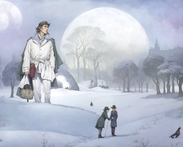 Snowy Landscape with Figures Under a Large Moon