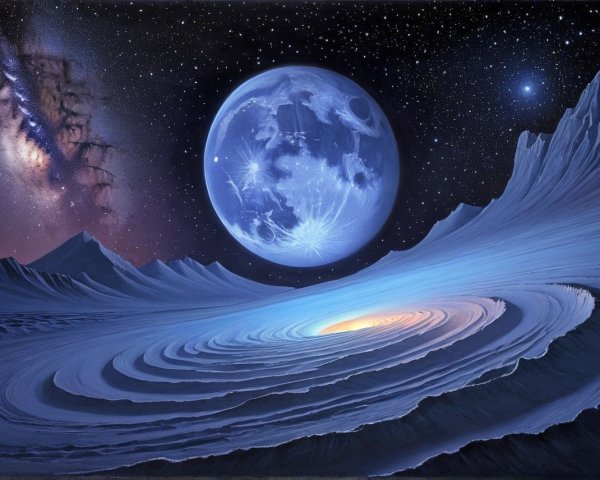 Intricate Alien Landscape with Glowing Center and Moon