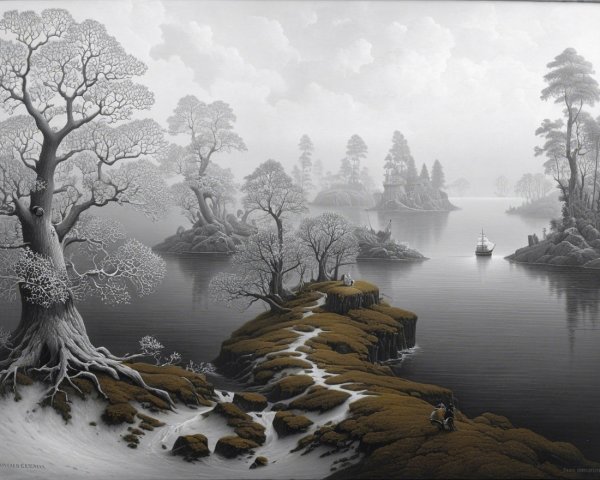 Tranquil Black-and-White Landscape with Water and Path
