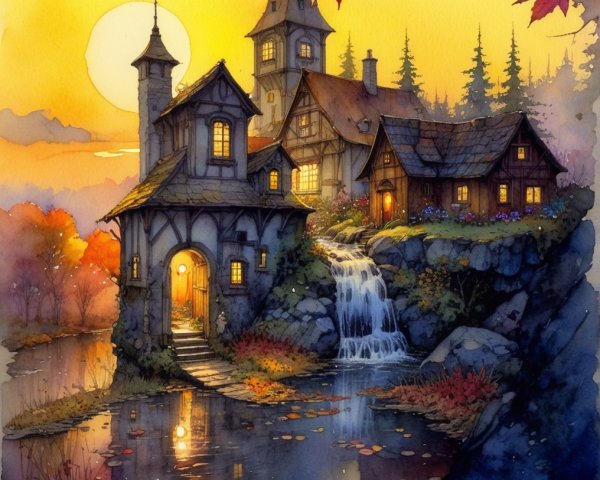 Charming Village with Waterfall and Autumn Scenery