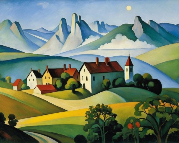 Serene Landscape with Rolling Hills and Houses
