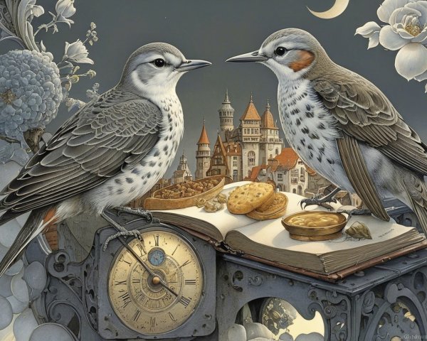 Spotted Birds on Clock with Book and Whimsical Town