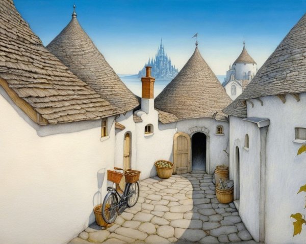 Charming Village Scene with Vintage Bicycle and Castle