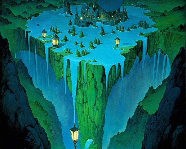Surreal Island Landscape with Waterfalls and Castle