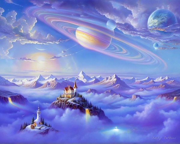 Surreal Landscape with Majestic Mountains and Castle