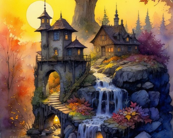 Whimsical Houses Among Autumn Foliage and Waterfall
