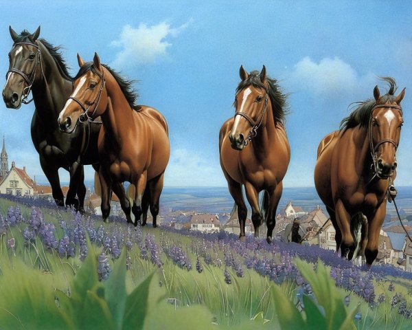 Horses Galloping on Green Hillside with Lavender Blooms