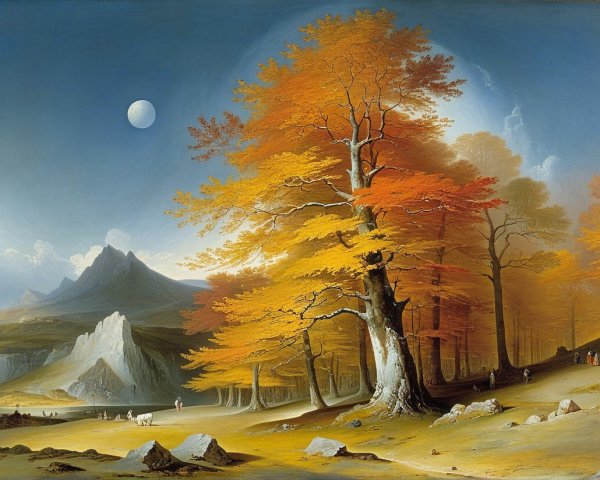 Autumn Landscape with Trees, Mountains, and Moon