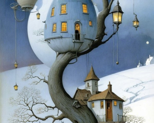 Whimsical Tree with Teardrop Houses at Twilight