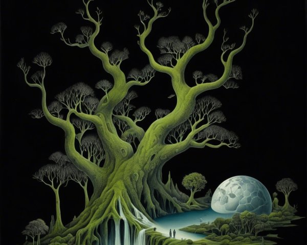 Mystical Tree and Waterfall Under a Glowing Moon