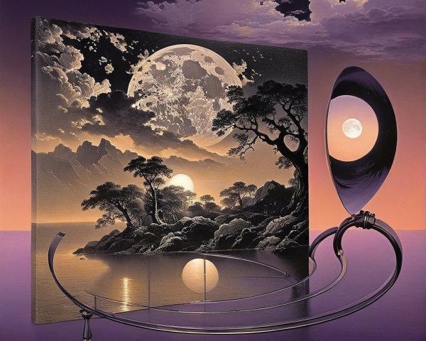 Surreal Landscape with Moonlit Lake and Phonograph