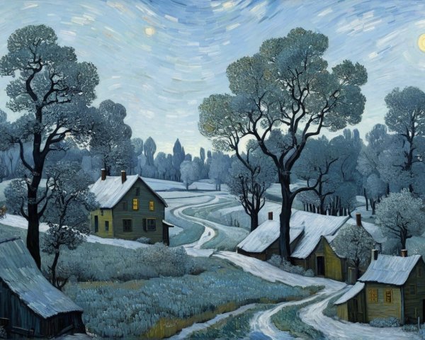 Tranquil Winter Landscape with Cottages and Snow Trees