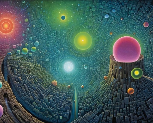 Swirling Cosmic Scene with Vibrant Orbs and Colors