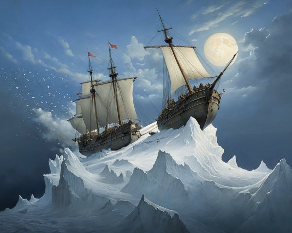 Majestic ships on an icy landscape under a full moon