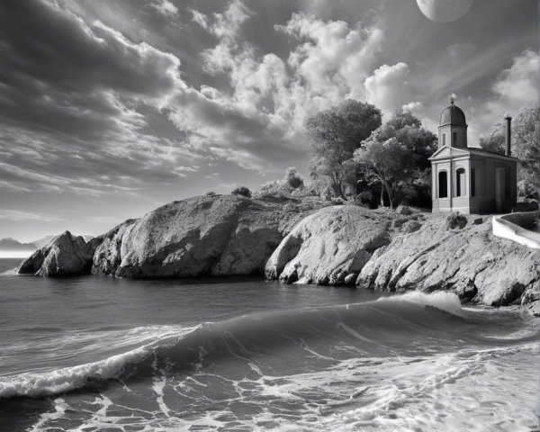 Black and White Coastal Scene with Cliffside Building