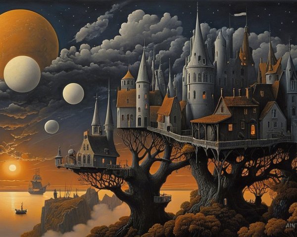 Fantastical Treehouse Castle Amidst Dramatic Sky
