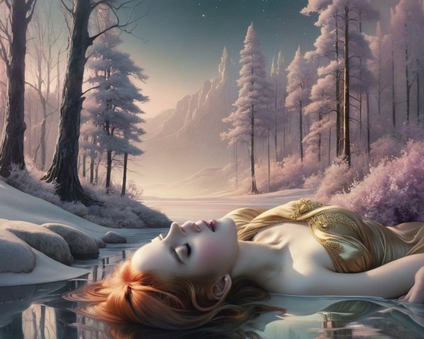Serene winter landscape with a woman in a lake