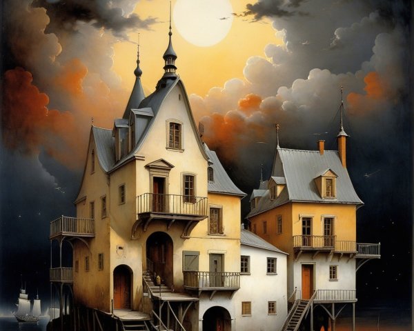 Ornate Stilted Houses Under a Glowing Moonlit Sky
