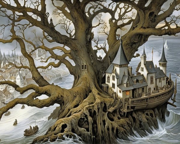 Gnarled Tree with House Overlooking Serene Seascape