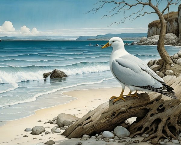 Serene Coastal Scene with Seagull and Waves