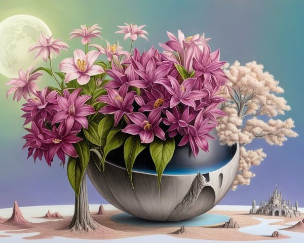 Intricate Still Life with Flowers and Surreal Landscape