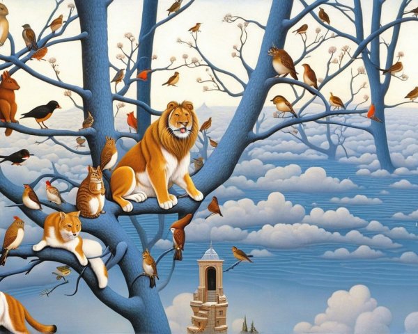 Surreal Scene with Blue Tree and Whimsical Animals