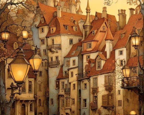 Whimsical Village Scene with Charming Houses and Castle