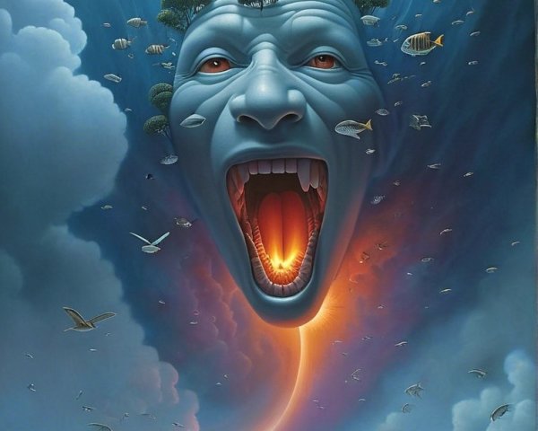 Surreal Landscape with Colossal Face and Floating Castle