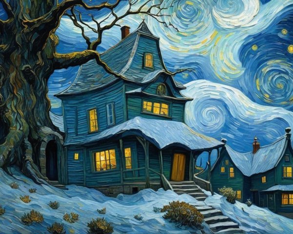 Whimsical Starry Night with Blue House and Tree