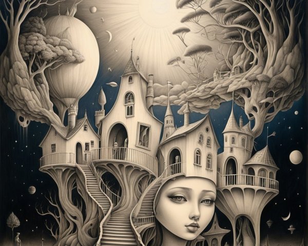 Surreal Village with Whimsical Trees and Hot Air Balloon