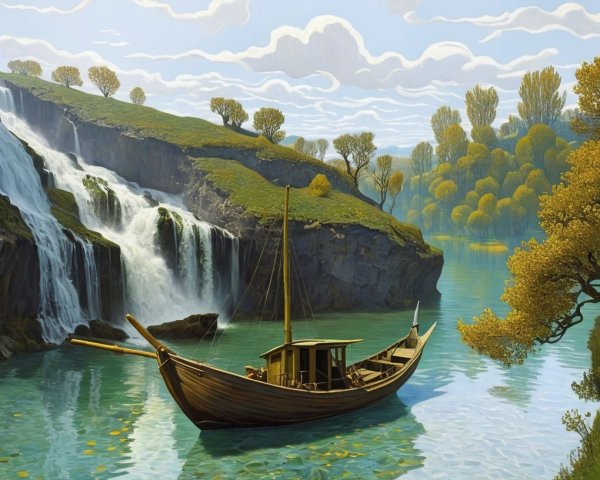 Tranquil River Landscape with Waterfalls and Greenery