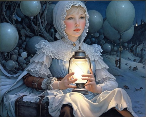 Young girl in vintage dress with glowing lantern and balloons