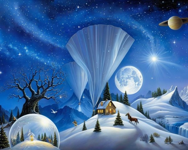 Serene Winter Landscape with Cabin and Starry Sky