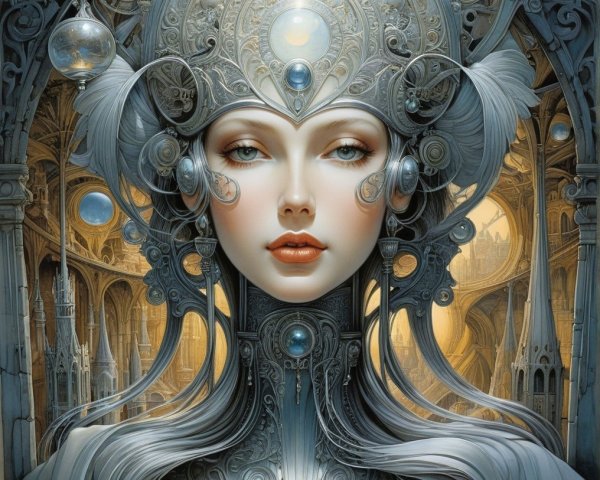 Ethereal Figure with Metallic Adornments and Architecture