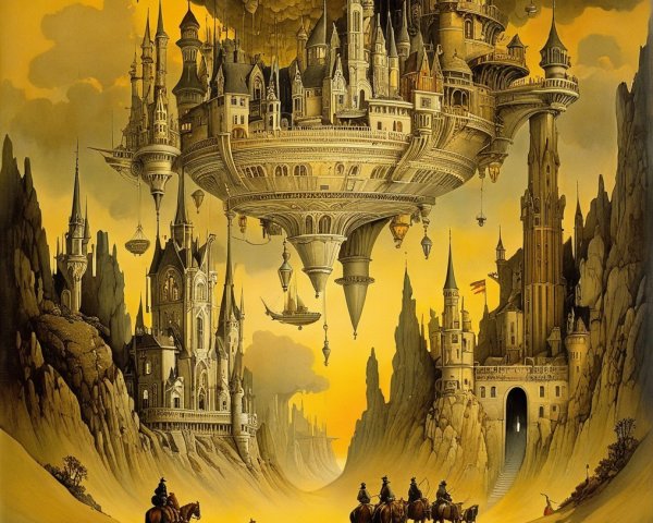 Fantastical landscape with floating city and mountains