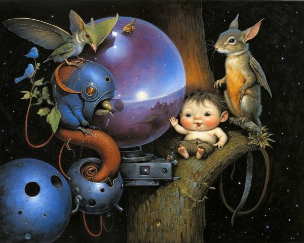 Whimsical Night Scene with Baby, Rabbit, and Creatures